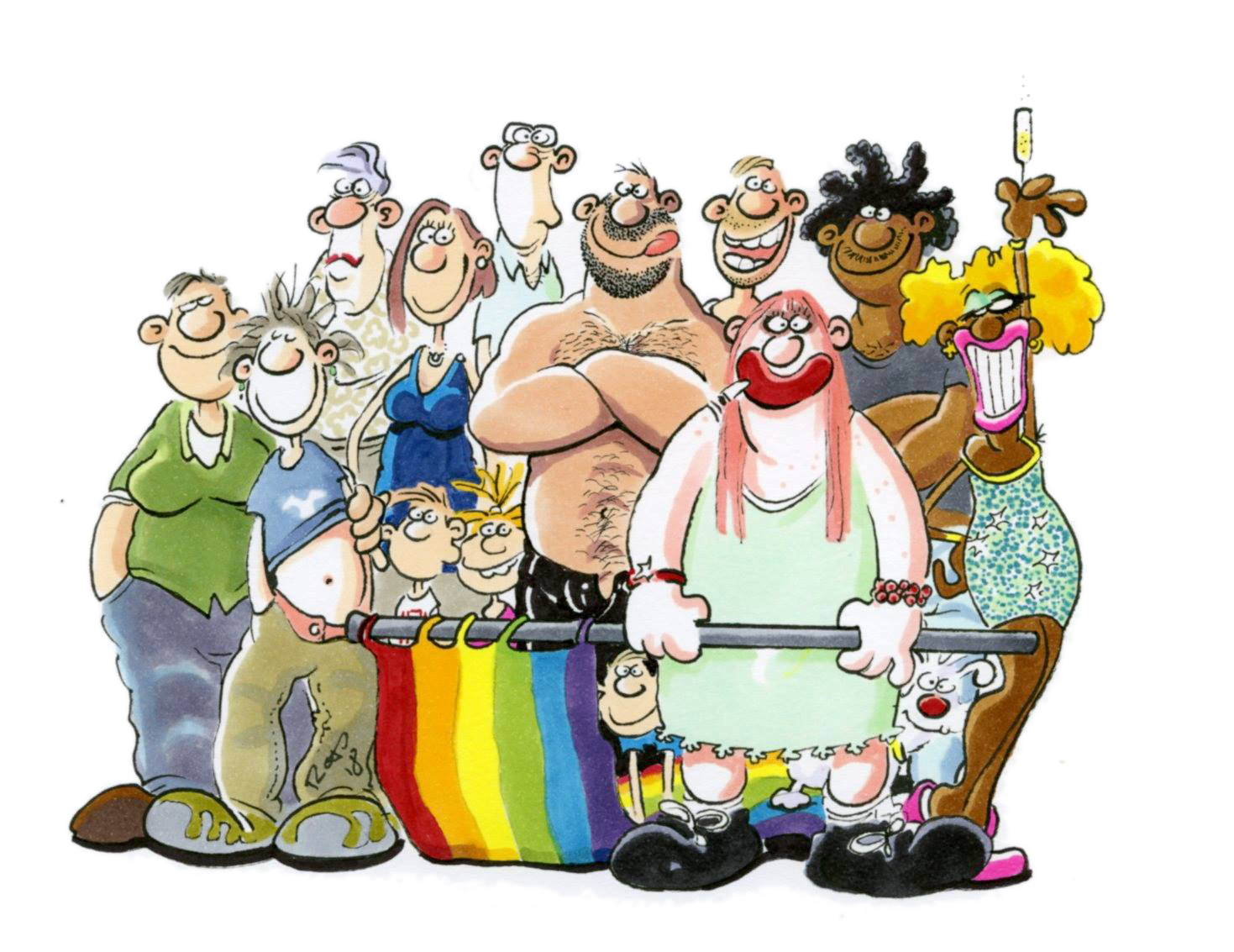 Im comicstil gezeichnete Gruppe von diversen Personen. Alt, jung. Groß, klein. Person in der ersten Reihe hält eine Regenbogenflagge