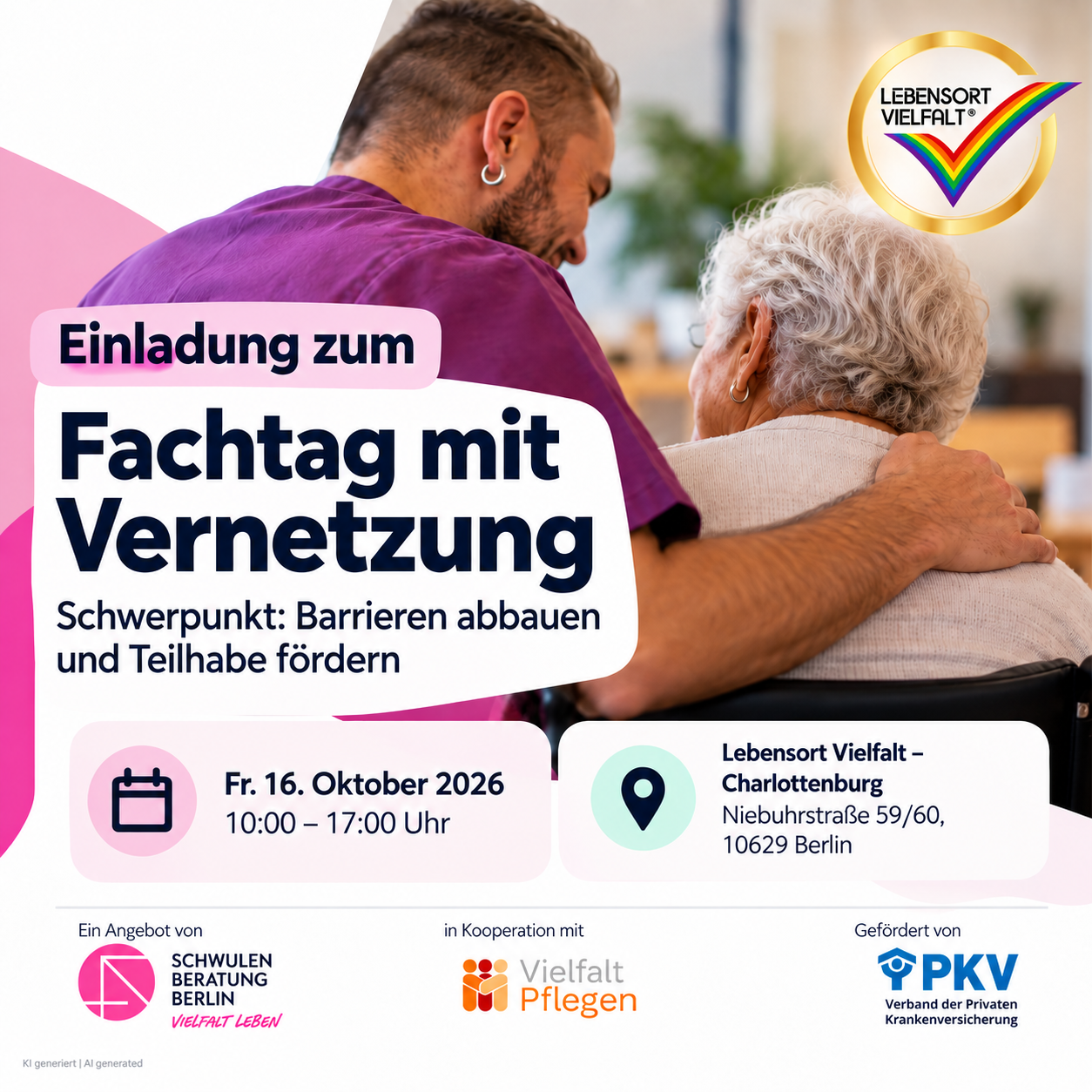 Flyer mit zwei Personen von hinten und zentralen Informationen zum Fachtag, die auch im Link zum Programm zu finden sind